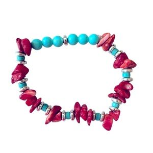 NWT Handmade beaded blue stones with red coral stackable stretchy Bracelet